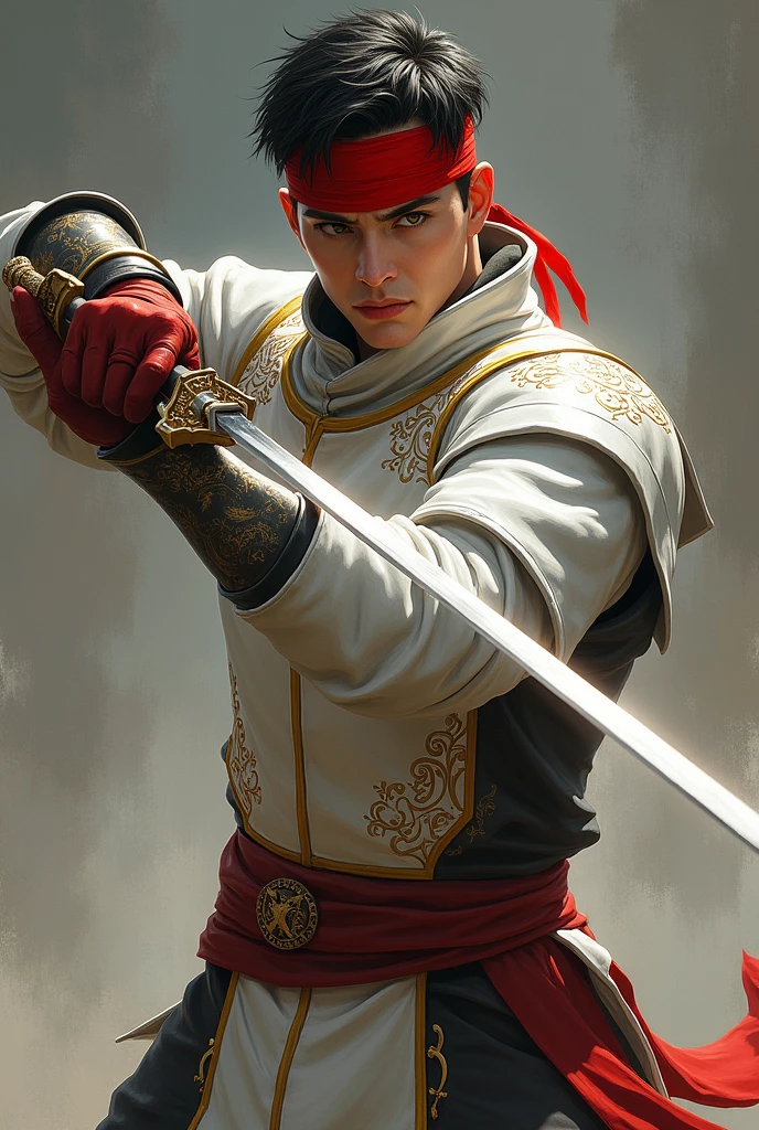 Man with short, black hair , wearing light armor,with a red headband , holding an epée.
