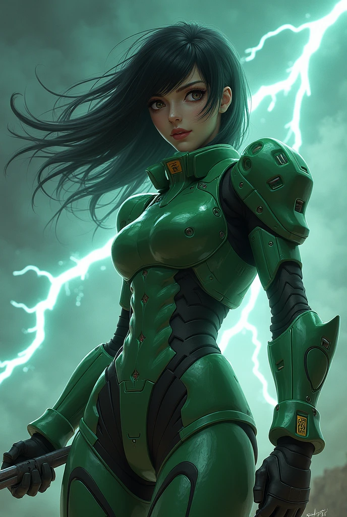 (masterpiece:1.2, Highest quality,High resolution,Super detailed),8k,wallpaper,(Very detailed),(Armored Core Style),Woman in ninja robot armor,Black Hair,Random Hairstyles,(Wind Ninja),(Light green body),(Detailed face:1.3),(Detailed body:1.3),((Cowboy Shot)),(The background is a tornado and lightning:2.0),Hair blowing in the wind,cyber punk,(dynamic),Holding a kunai