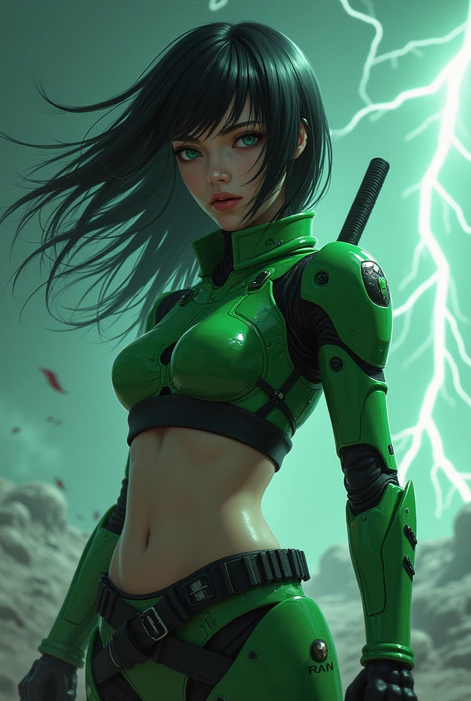 (masterpiece:1.2, Highest quality,High resolution,Super detailed),8k,wallpaper,(Very detailed),(Armored Core Style),Woman in ninja robot armor,Black Hair,Random Hairstyles,(Wind Ninja),(Light green body),(Detailed face:1.3),(Detailed body:1.3),((Cowboy Shot)),(The background is a tornado and lightning:2.0),Hair blowing in the wind,cyber punk,(dynamic),Holding a kunai