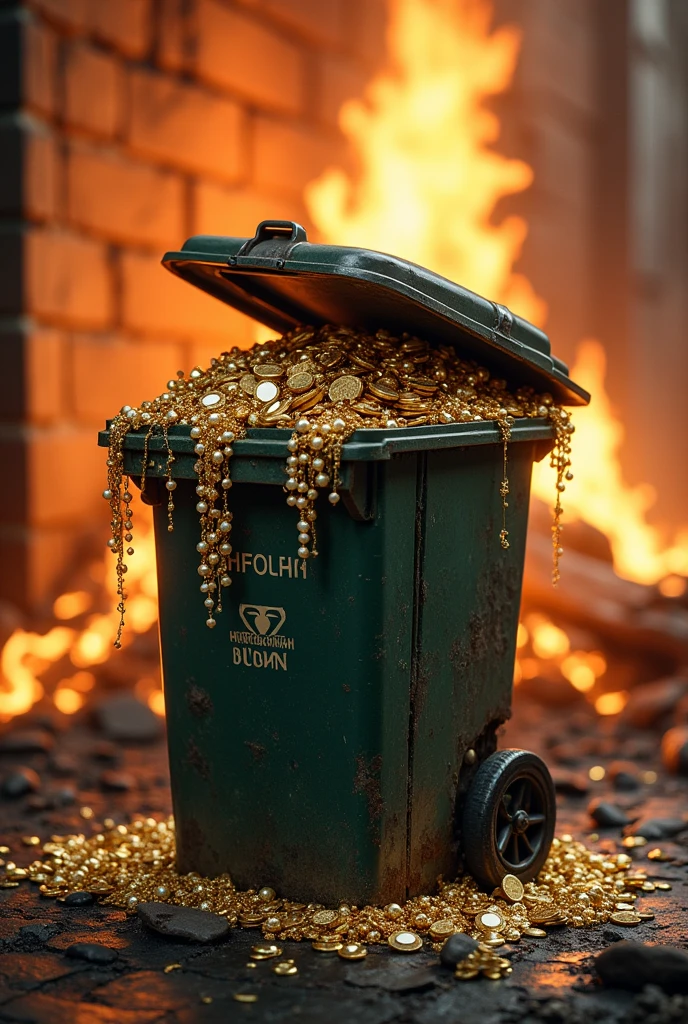 Draw a dirty dustbin in which gold coins and diamond,pearls are present overflowing the dustbin and in the background fire should be there


