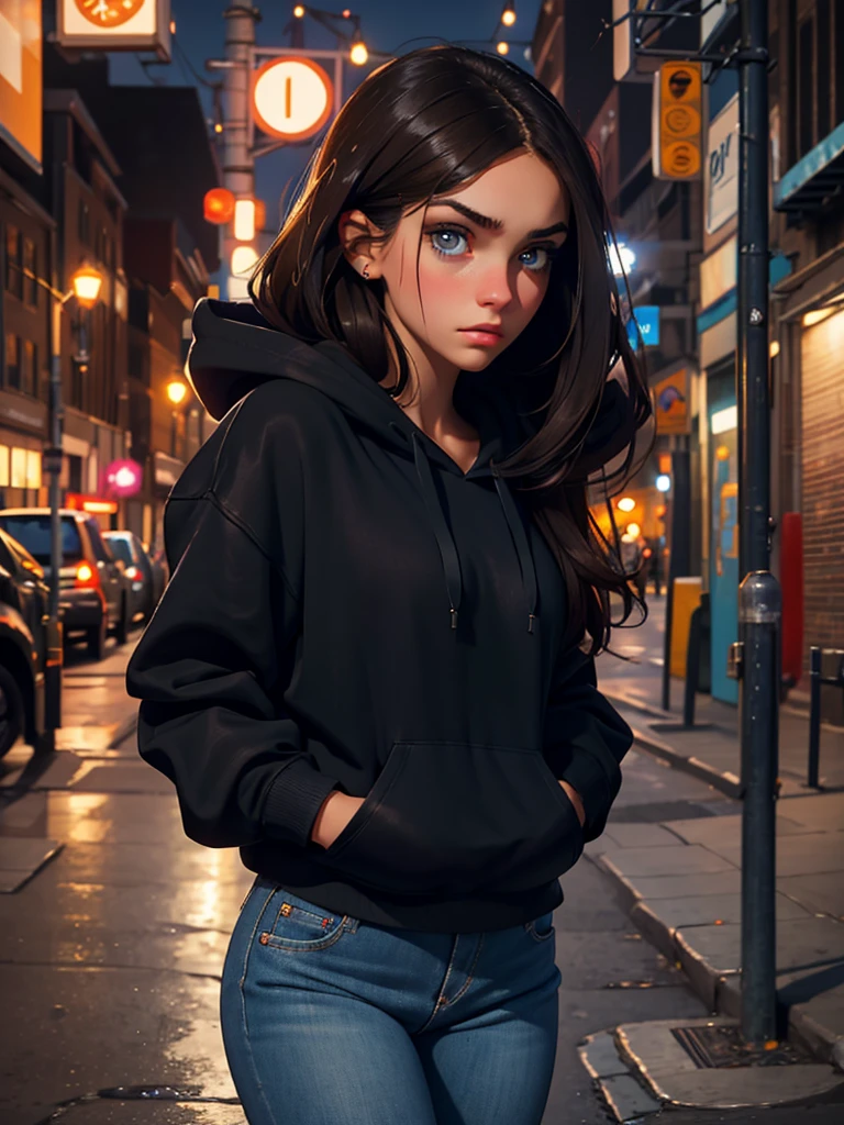 a pretty brunette girl, 22 years old, wearing a black hoodie and blue jeans, walking on an urban street, pensive and slightly sad expression, detailed facial features, detailed eyes and lips, complex urban background, whimsical lighting, Cinematic composition, Realistic photo, high quality, 8k, ultra detailed