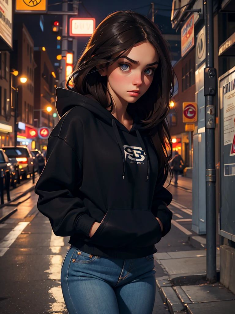 a pretty brunette girl, 22 years old, wearing a black hoodie and blue jeans, walking on an urban street, pensive and slightly sad expression, detailed facial features, detailed eyes and lips, complex urban background, whimsical lighting, Cinematic composition, Realistic photo, high quality, 8k, ultra detailed