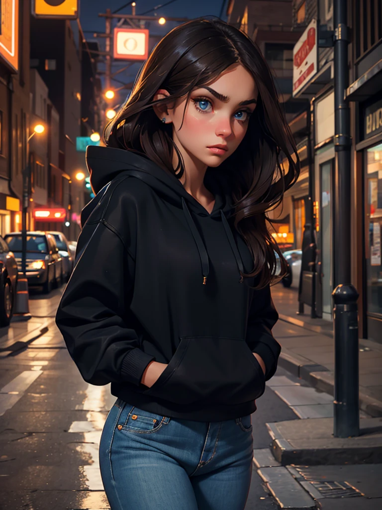 a pretty brunette girl, 22 years old, wearing a black hoodie and blue jeans, walking on an urban street, pensive and slightly sad expression, detailed facial features, detailed eyes and lips, complex urban background, whimsical lighting, Cinematic composition, Realistic photo, high quality, 8k, ultra detailed