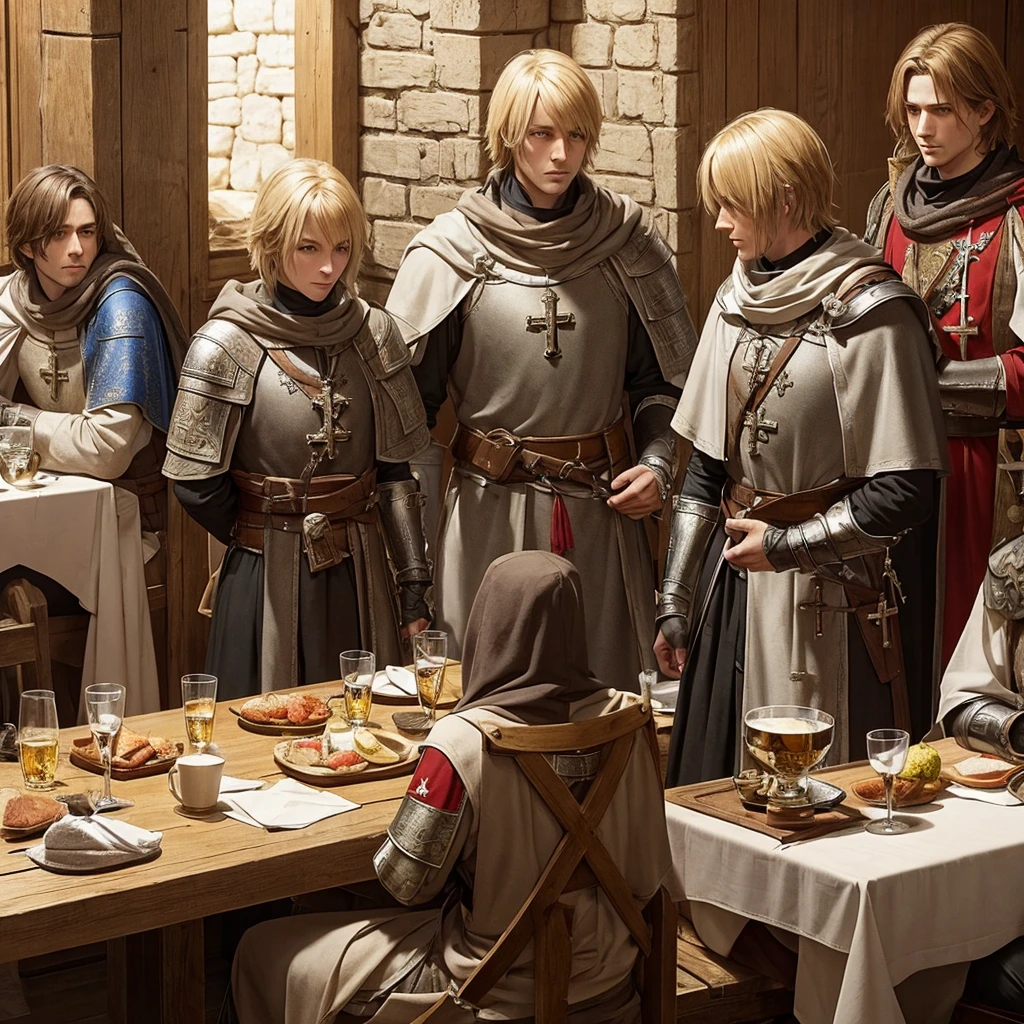 Templars with their armor and their crosses hanging from their necks in a medieval tavern resting 