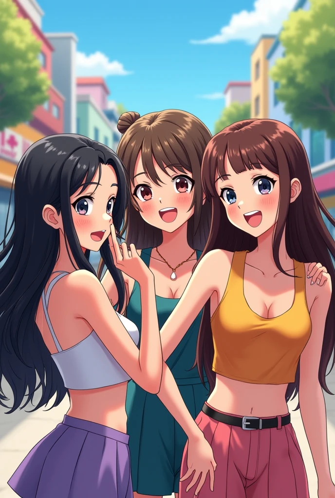 Group of 4 friends in a cute and sexy animated version (2 girls with long black hair and 2 girls with brown hair
