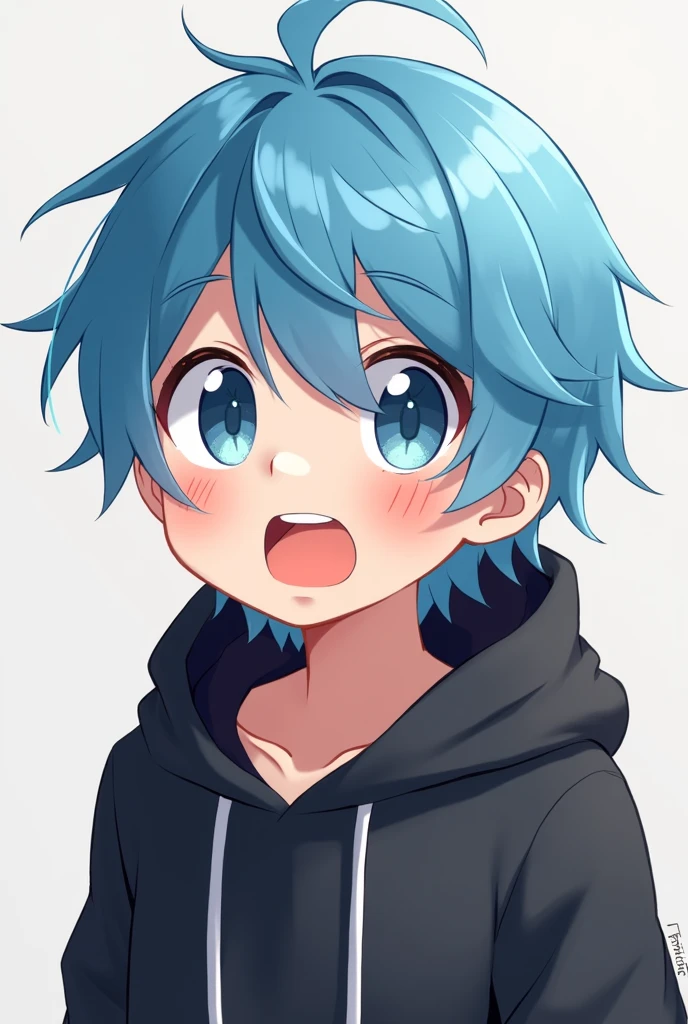 Cute male anime cartoon character with blue hair, wearing a black hoodie, with open eyes and an open mouth.