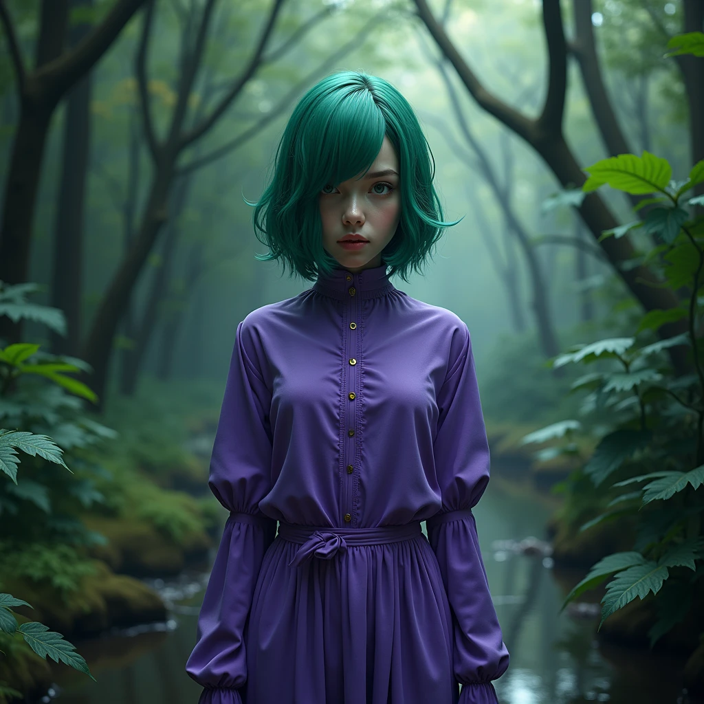 ratte867, 1 girl, standing alone, (forest green hair:1.2), Asymmetrical haircut, (violet clothes:1.2) work of art, best qualityer, photorealisitic, realisitic, (CRU photo, 8k hd, film grain), caustics, underground dispersal