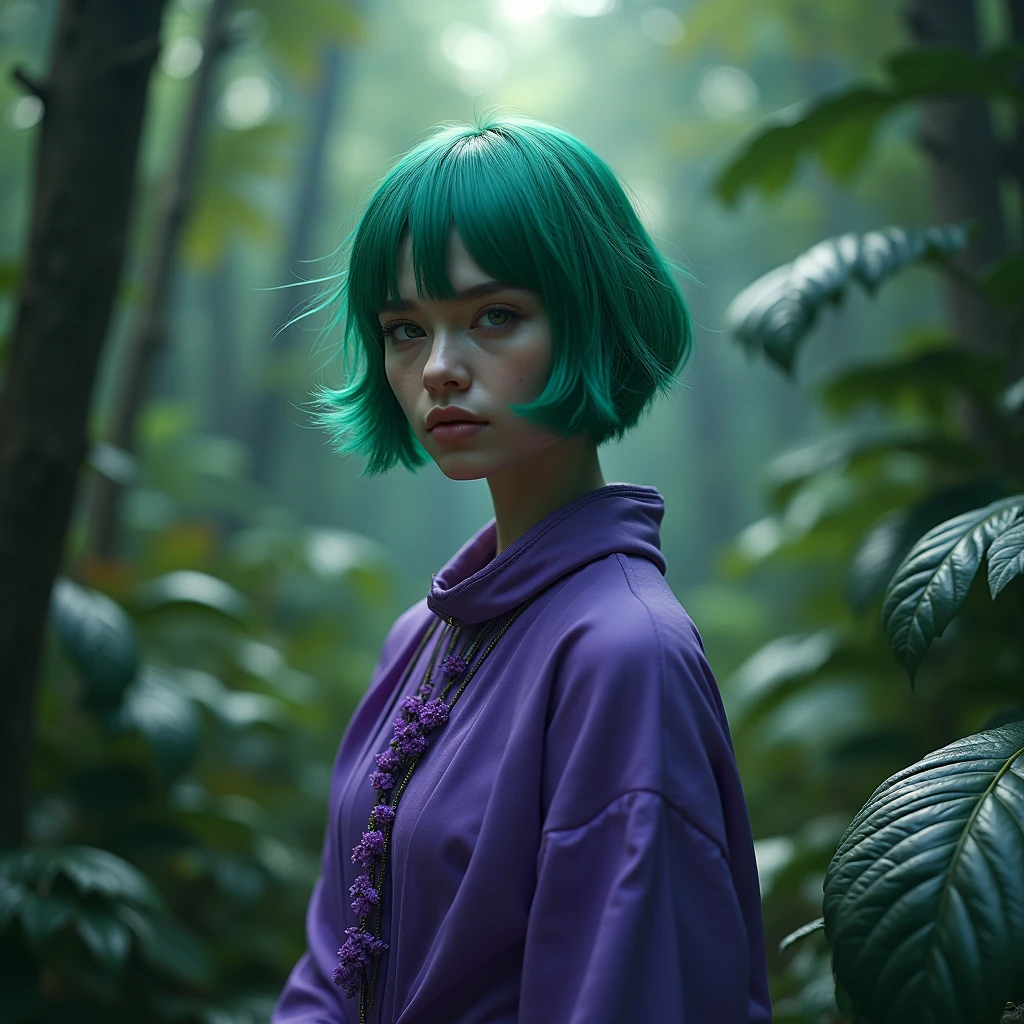 ratte867, 1 girl, standing alone, (forest green hair:1.2), Asymmetrical haircut, (violet clothes:1.2) work of art, best qualityer, photorealisitic, realisitic, (CRU photo, 8k hd, film grain), caustics, underground dispersal 