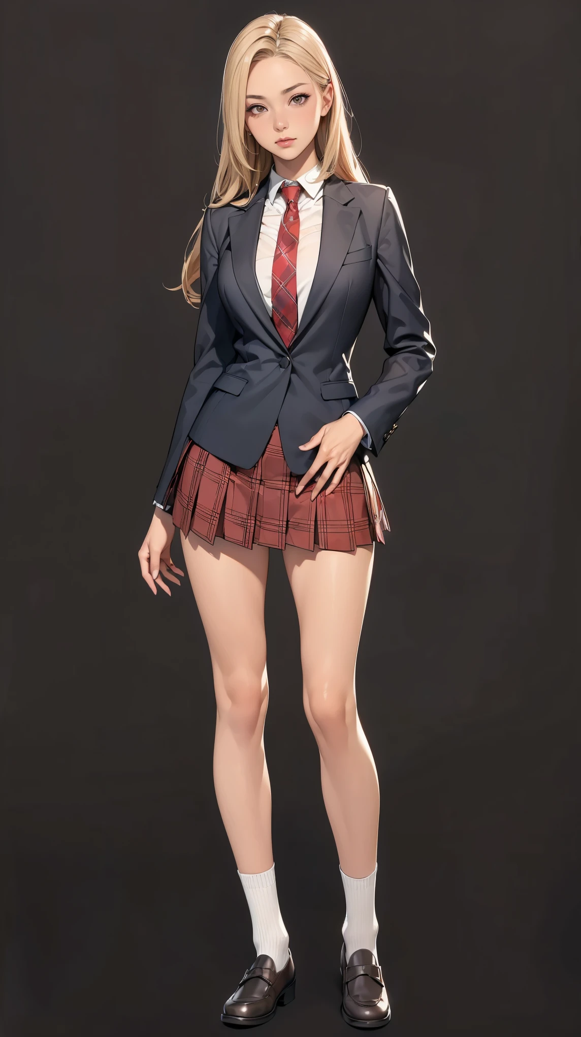 ((best quality,4k,highres,masterpiece:1.2)),((character concept art)), 1 female, teenage female, 15-year-old Asian beauty queen, ((blonde shoulder-length hair)), bleached hair, (tan skin colour), ultra finely detailed eyes (brown eyes colour), confident, beautiful, , slim body build, ((intricate detail)), super finely detailed hands, ultra finely detailed fingers(((ten fingers))), wearing red velvet school blazer over white long sleeves school shirt with loosened necktie, plaid mini school skirt, black school sock, and black school loafers, (standing provocatively), (full body showcase), (show full body), (no logos on background), (no logo), ((plain background)), ((plain background)), (((empty background)))