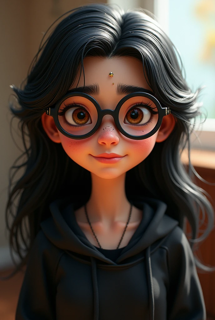 Pixar-style: girl with long black wavy hair at the ends, eyebrow piercing, outlined in the eyes, wearing round black glasses and black clothes.