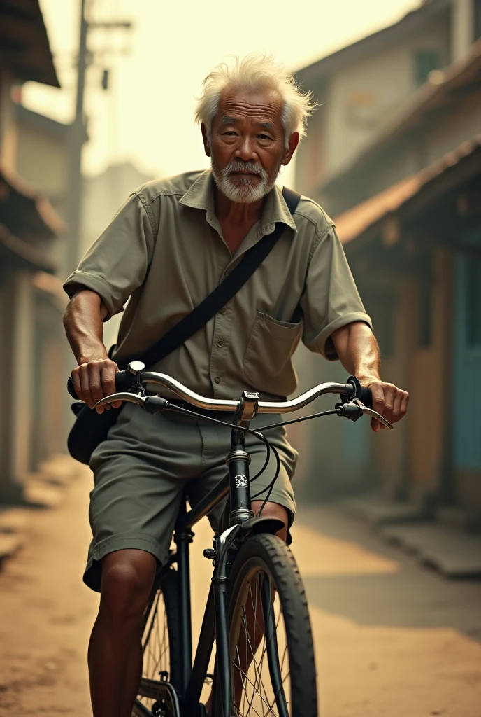 ( photo realism 1.2) photo realistic high detailed old Chinese male riding bicycle old Malay town background shoulder bag white hair and goatee morning dusk sunlight effect smoke effect 80's photo filter morning mode short trousers messy hair cinematic view dramatic view emotiona high definition