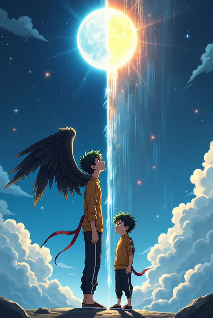 anime illustration. high quality art. 8k. Very detailed illustration. Image divided into equal parts. Image of different backgrounds. Illustration with light dynamics. The left side has a Moon and a plain bathed in starlight. The right side has a Sun and a crystallized Wall. It is an imposing wall, What affects the weather. There are two humans in the center of the image. They are horizontal. They are in different perspectives. The youths are turned back to back. On the left, It is a slender fallen angel, He looks at the sky. He has black wings coming out of his back. Wings with detailed dark feathers. he's flying. The one on the right is a beautiful child, gazing at viewer. He looks forward with anger in his expression. The adult has a sporty body. the ??? is skinny. Both have the same features. Both have the same reddish golden eyes. His hair is curly black, with green fringes at the ends. One is serious. The other is angry. One wears fine fabrics. Black fabric with golden traces. Oriental martial arts artist clothing. Another wears common clothes. Black pants with white stripes. A golden shirt. With a zippered jacket and a hat off their heads.