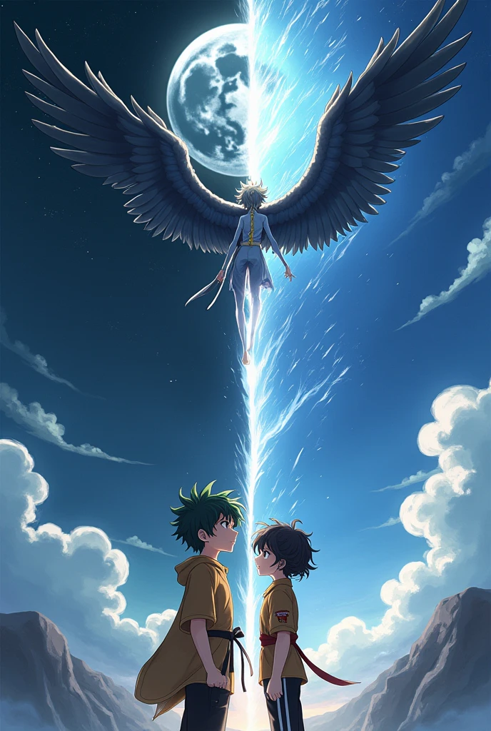 anime illustration. high quality art. 8k. Very detailed illustration. Image divided into equal parts. Image of different backgrounds. Illustration with light dynamics. The left side has a Moon and a plain bathed in starlight. The right side has a Sun and a crystallized Wall. It is an imposing wall, What affects the weather. There are two humans in the center of the image. They are horizontal. They are in different perspectives. The youths are turned back to back. On the left, It is a slender fallen angel, He looks at the sky. He has black wings coming out of his back. Wings with detailed dark feathers. he's flying. The one on the right is a beautiful child, gazing at viewer. He looks forward with anger in his expression. The adult has a sporty body. the kid is skinny. Both have the same features. Both have the same reddish golden eyes. His hair is curly black, with green fringes at the ends. One is serious. The other is angry. One wears fine fabrics. Black fabric with golden traces. Oriental martial arts artist clothing. Another wears common clothes. Black pants with white stripes. A golden shirt. With a zippered jacket and a hat off their heads.


