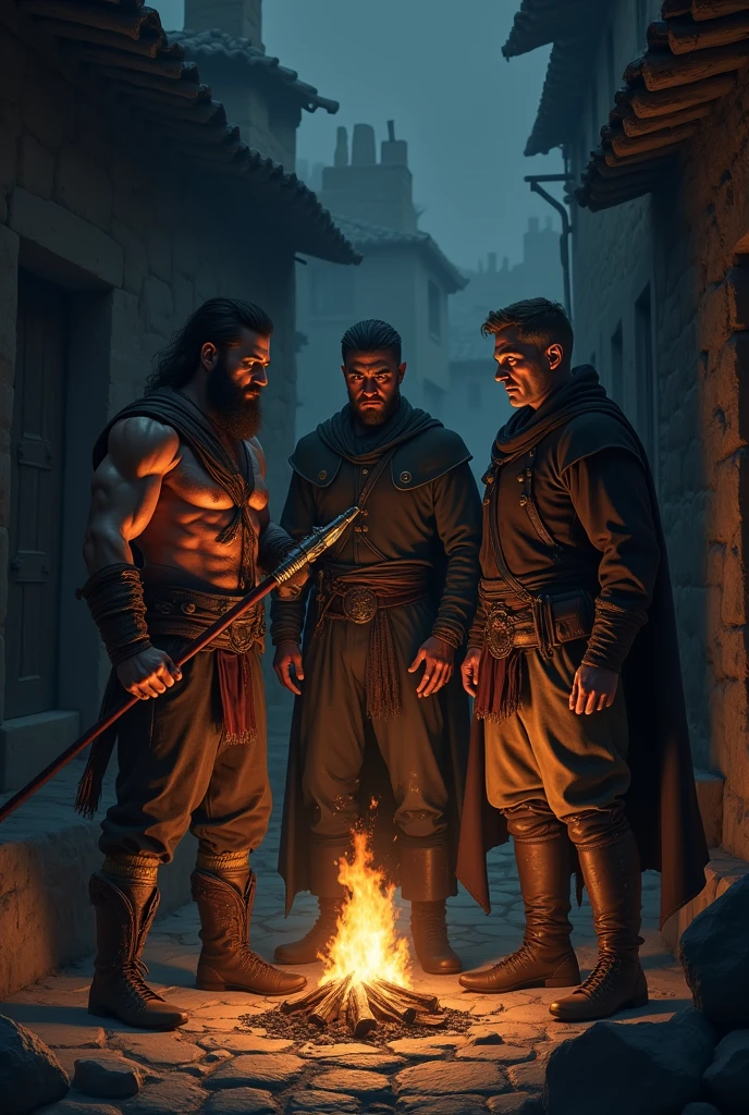  "Three men with distinct appearances and expressions, representing different backgrounds: one is a muscular hunter holding a spear, another a slender merchant with a calculating look, and the third a rugged ex-soldier with a scarred face. They are gathered in a dark corner of the village, conspiring under the cover of night, their faces partially illuminated by a flickering fire."
