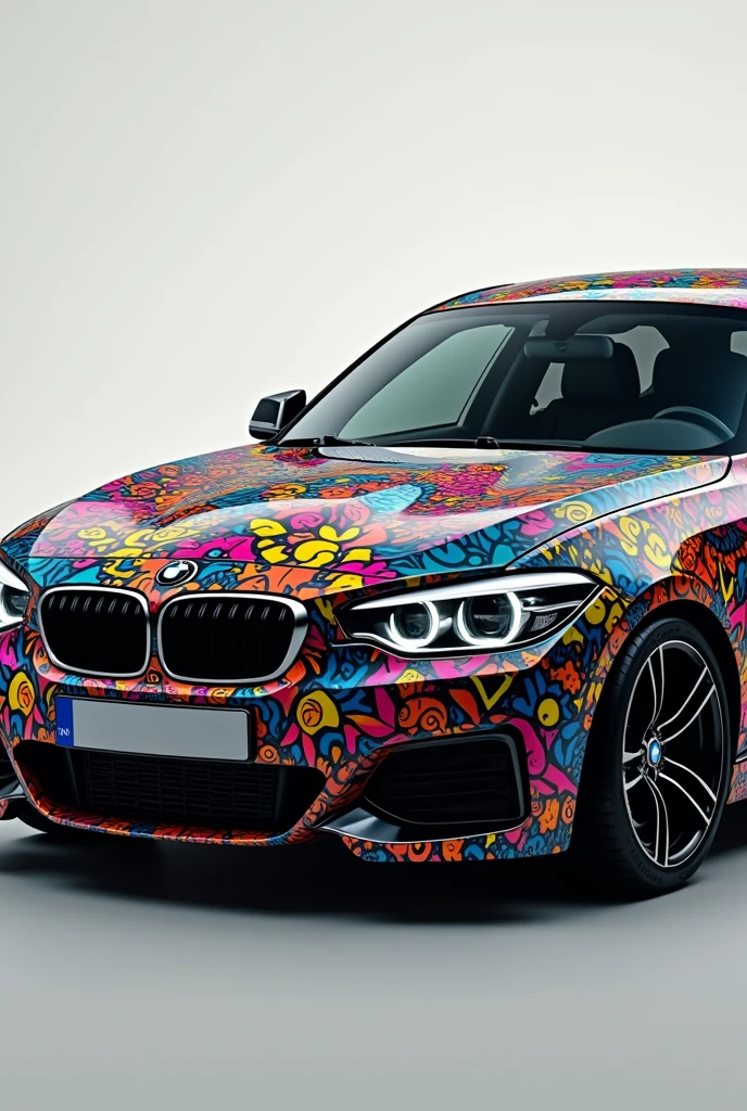 Create a BMW 1 in cool, colorful, very many patterns with black paint in the license plate stands. "Henfri"