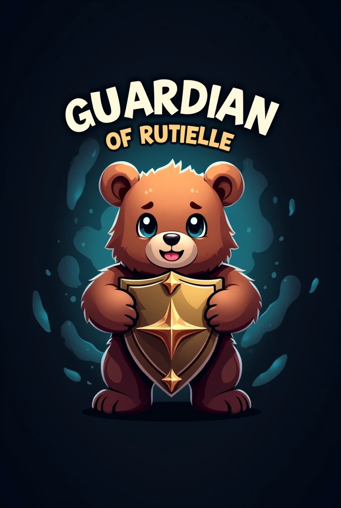 Logo with the name Guardian of Rutielle with a dark background and a cute bear holding a shield