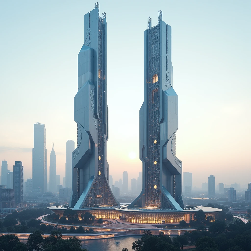 Two large, futuristic towers, distinct from each other, stand in the middle of the city with a skyline