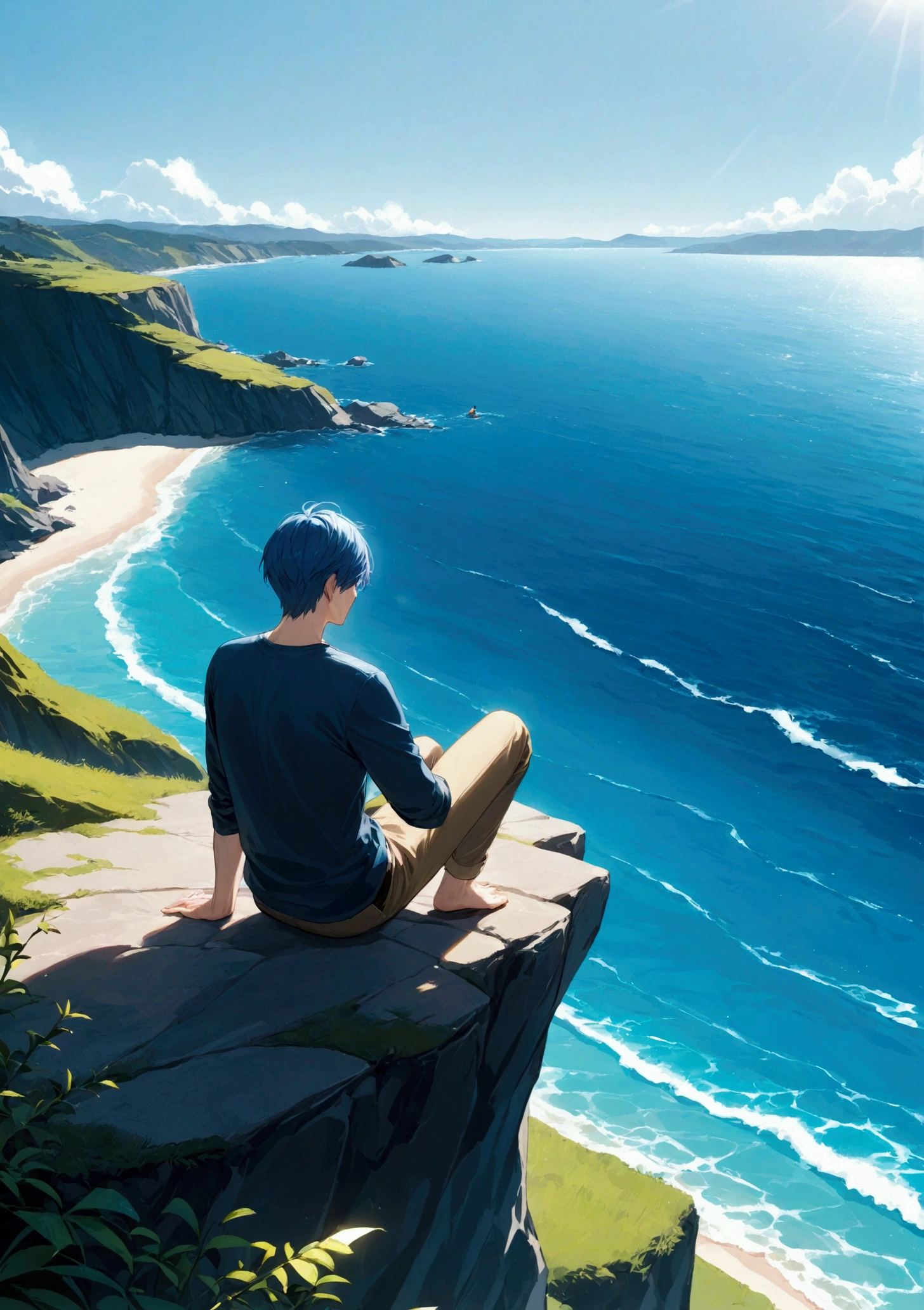 the man was sitting on a cliff looking at the blue ocean