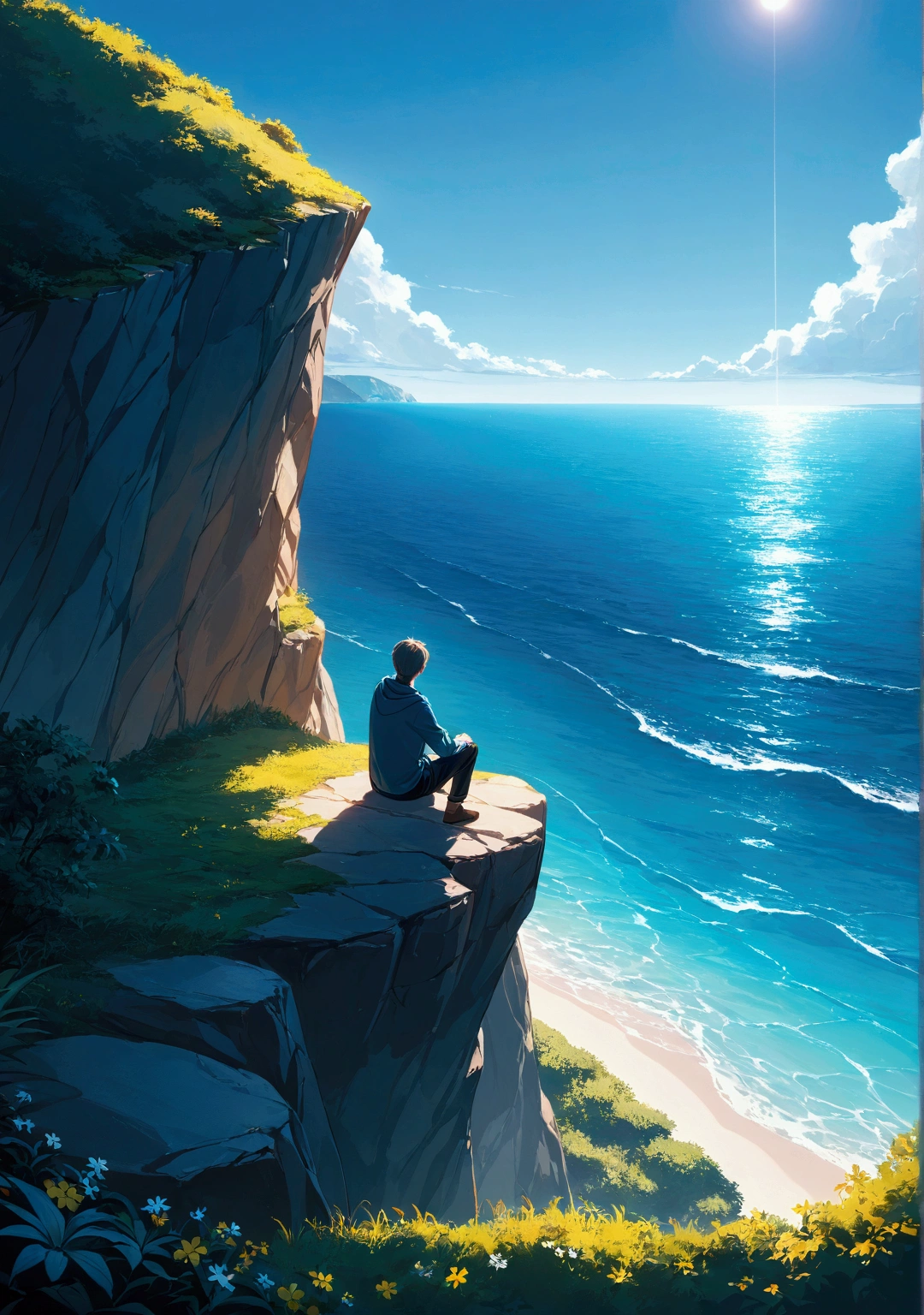 the man was sitting on a cliff looking at the blue ocean