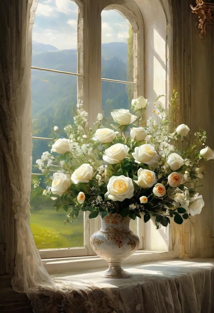 there is a large bouquet of flowers in front of a window, dreamy and detailed, stunning arcane scenery, beautiful atmospheric details, elegant flowers, White bloomers, Baroque painting scenery, floral atmosphere, Floral painted scenery, exquisite floral details, flowers in background, white roses, smooth and complex, dreamy and ethereal, nature and floral aesthetics