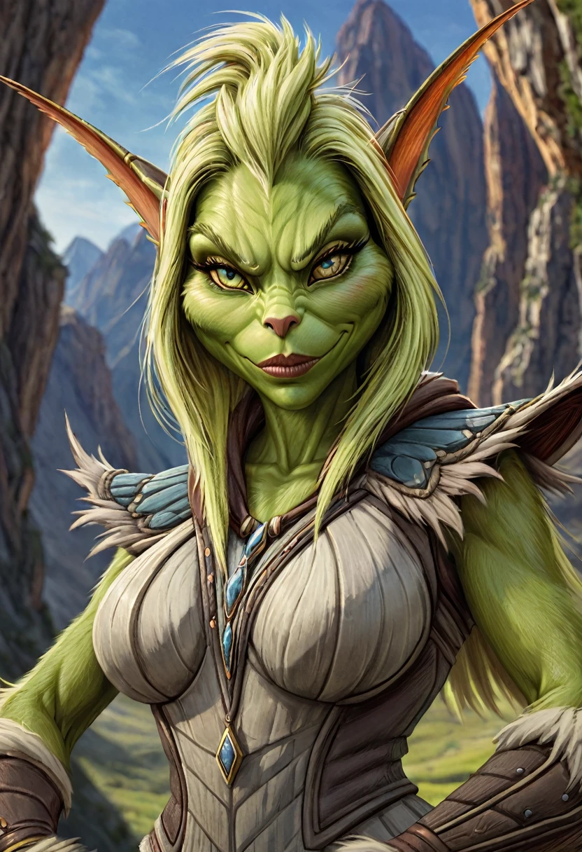 Anthropomorphic female grinch grasshopper mage. Official Art – Charecter profile. An Award-Winning Digital Masterpiece In 4K Ultra HD, Extreme Detail And Intricate Realism. Symmetrical Face. This Concept Art Brought To Life By The Hands Of Artists Like Wlop & Artgerm In A Stunning 2D Vector Illustration.Background Is A Panoramic Vista.
