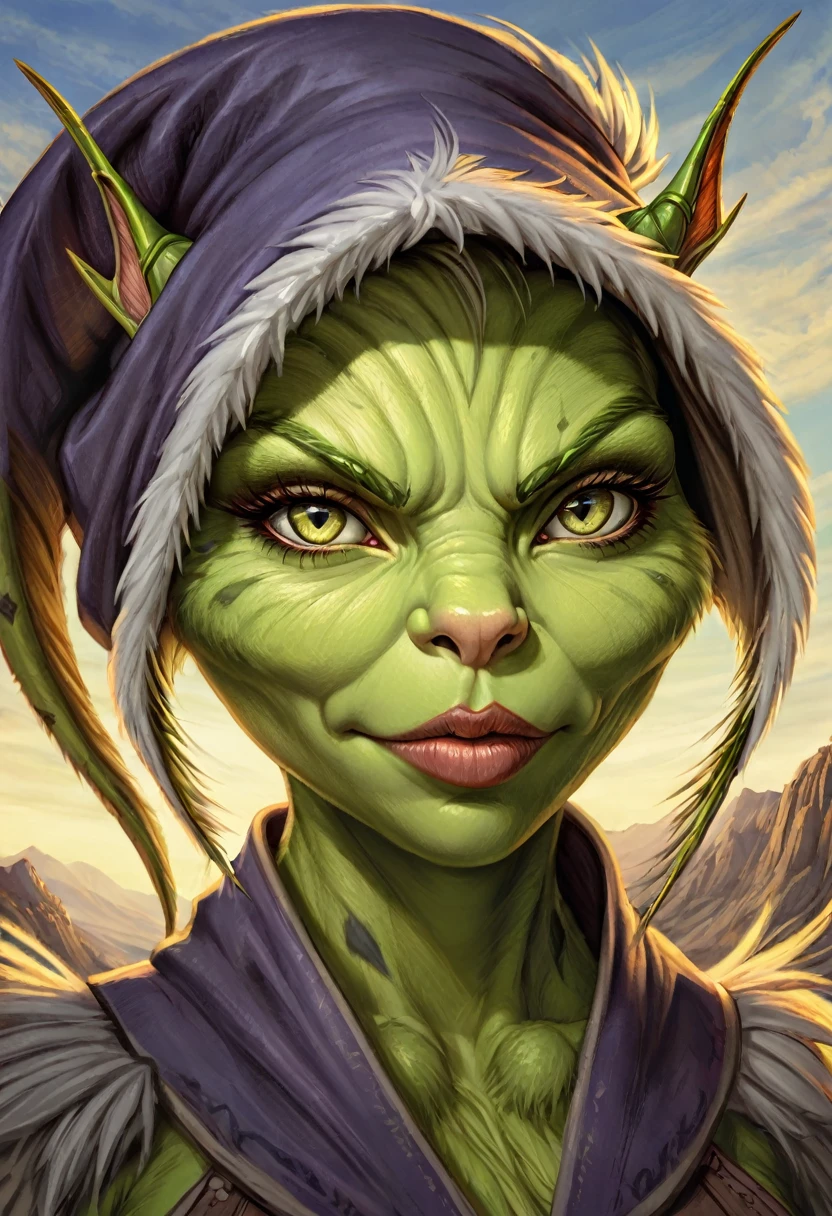 Anthropomorphic female grinch grasshopper mage. Official Art – Charecter profile. An Award-Winning Digital Masterpiece In 4K Ultra HD, Extreme Detail And Intricate Realism. Symmetrical Face. This Concept Art Brought To Life By The Hands Of Artists Like Wlop & Artgerm In A Stunning 2D Vector Illustration.Background Is A Panoramic Vista.
