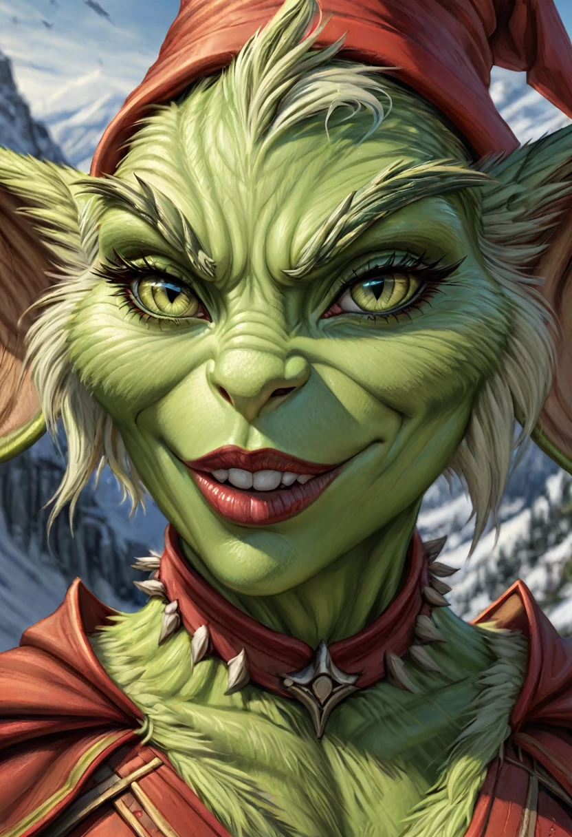 Anthropomorphic female grinch grasshopper mage. Official Art – Charecter profile. An Award-Winning Digital Masterpiece In 4K Ultra HD, Extreme Detail And Intricate Realism. Symmetrical Face. This Concept Art Brought To Life By The Hands Of Artists Like Wlop & Artgerm In A Stunning 2D Vector Illustration.Background Is A Panoramic Vista.
