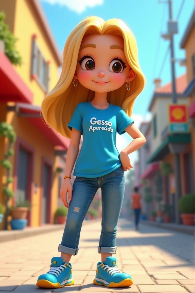 I want a mascot that is a  with blonde hair to her shoulders, chestless, eyes browns, blue blouse with the inscription 'Gesso Aparecida' in white, blue jeans and blue sneakers with yellow details.
