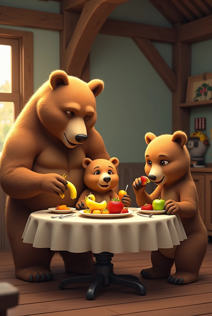 3 bears eating in the dinning table.
The dad bear sitting eating a banana.
The mom bear sitting eating an green apple.
The  bear sitting eatind a strawberry.
Make the dad and the mom different.
All of them are eating now.