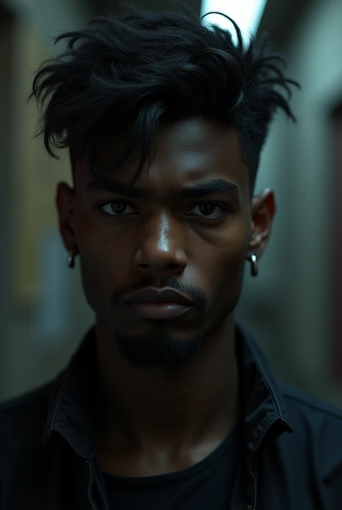 Dark-skinned teenager with a goatee and thin mustache