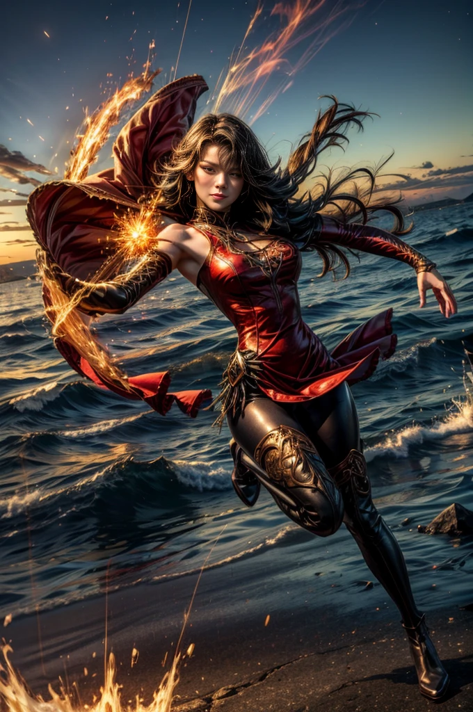 (masterpiece, best quality:1.2), cowboy shot, solo, 1girl, cinder fall, looking at viewer, long hair, red dress, elbow gloves, pantyhose, dynamic pose, flying, holding flames, high in the sky, blue sky, clouds, (volumetric lighting), sharp focus, hyper detailed