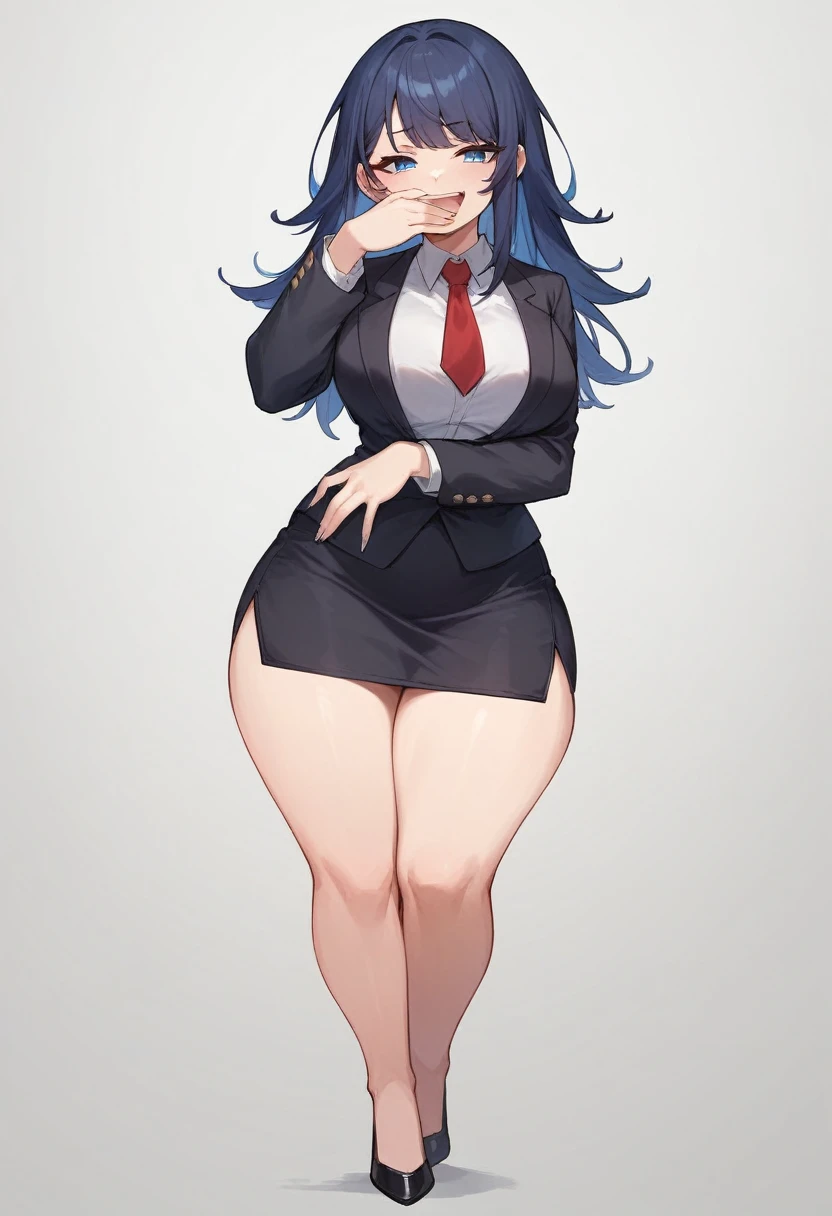 1adult woman, solo, long straight hair, hair bangs, bangs covering forehead, standing, dark blue hair,black blazer, white shirt, red tie, black pencil skirt, busty, thick thighs, wide hips, big soft thighs, shapely legs, black high heels, full body shown, white background,simple eyes, long fingernails, thick thighs pressed together, smug face, smug, smirk, teasing, blue eyes, entire body shown,one hand covering mouth , half-lidded eyes, open mouth, hand on waist, full body showing