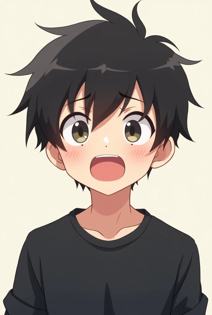 Cute male anime cartoon character with black hair, wearing a black sweatshirt, with open eyes and mouth.