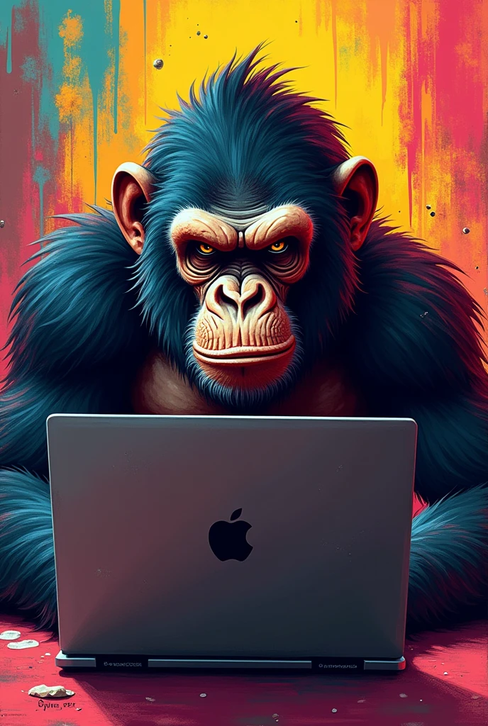 please help with a colourful background gangster ape picture not in suit pressing laptop but the laptop is backing the camera for an artistic paint art