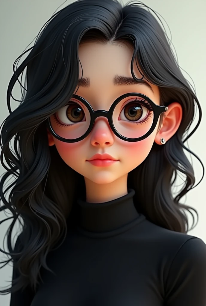 Pixar-style: girl with long black wavy hair at the ends, piercing on the right side of the eyebrow, outlined in the eyes, wearing round black glasses and black clothes.