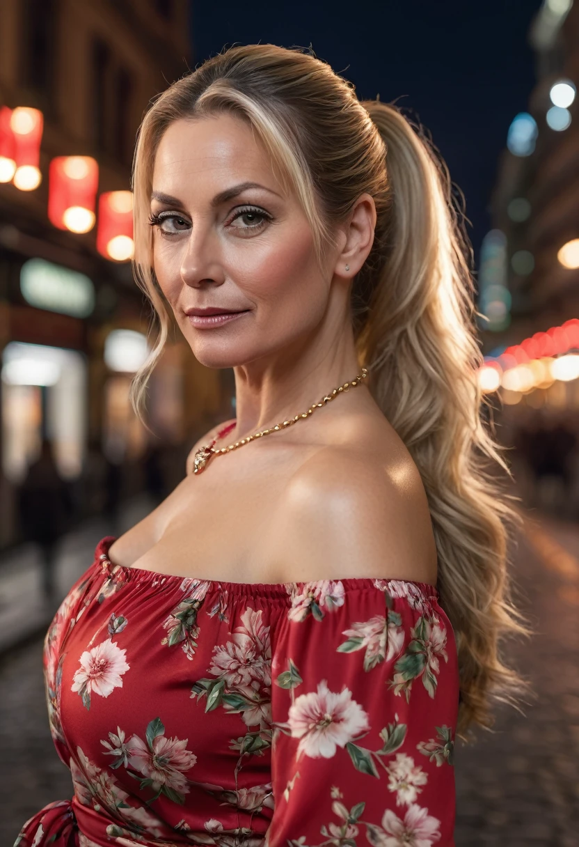 A close-up, 8K quality, realistic image of a beautiful 45-year-old European woman with long blonde hair tied back in a ponytail. She has a curvy body with slightly larger breasts and is wearing a red floral-patterned blouse and a short skirt. She is standing in a city at night, with soft urban lights illuminating her. The background showcases city buildings, streetlights, and a vibrant evening atmosphere, highlighting her poised and elegant presence in the urban setting.