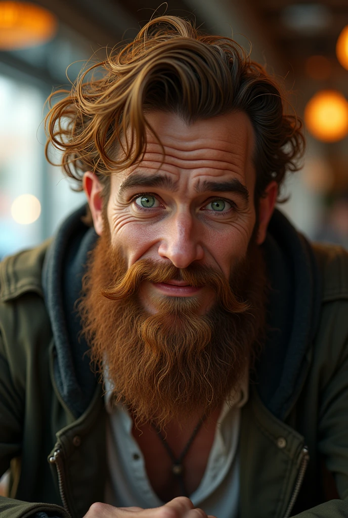 A man who has failed in his love but still smiles means that he is in pain from the inside and laughs at your face. A man is sitting in a cafe. You have green eyes that are relatively curly with a relatively black color and golden nose. You have fatter cheeks and A full back beard close to golden