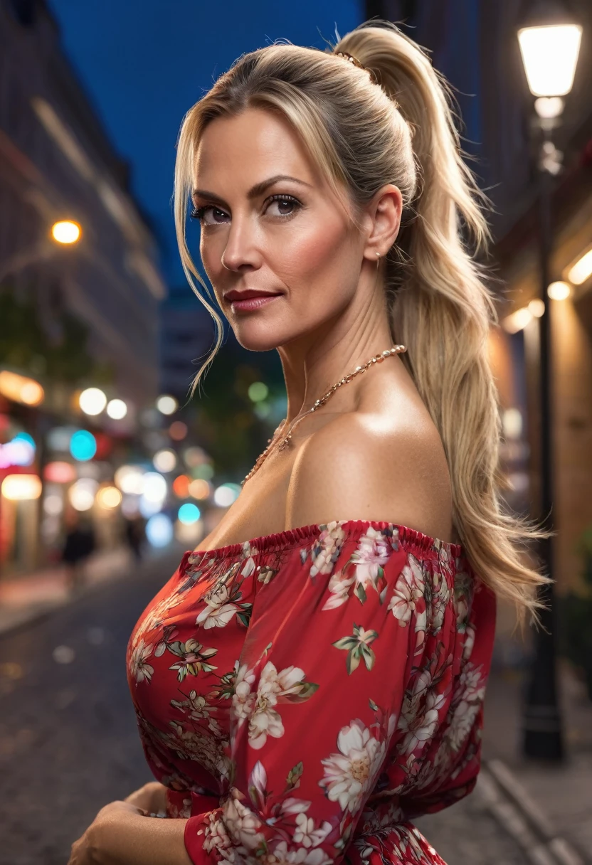 A close-up, 8K quality, realistic image of a beautiful 45-year-old European woman with long blonde hair tied back in a ponytail. She has a curvy body with slightly larger breasts and is wearing a red floral-patterned blouse and a short skirt. She is standing in a city at night, with soft urban lights illuminating her. The background showcases city buildings, streetlights, and a vibrant evening atmosphere, highlighting her poised and elegant presence in the urban setting.
