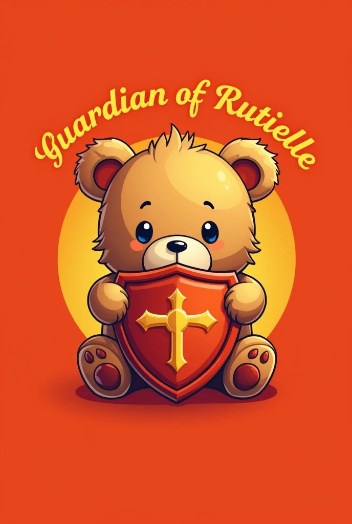 Guardian of Rutielle name logo with red or yellow background and cute teddy bear holding shield 