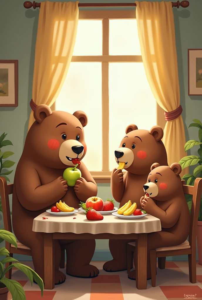 3 bears eating in the dinning table.
The dad bear sitting eating a banana.
The mom bear sitting eating an green apple.
The ??? bear sitting eatind a strawberry.