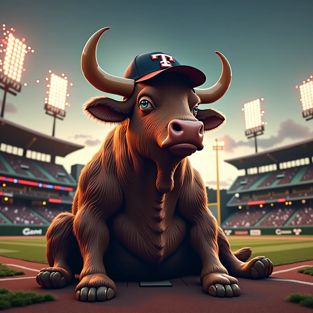 A giant bull sitting in a baseball stadium with large horns and a cap with the letter T in one hand a baseball bat and fireworks in the sky