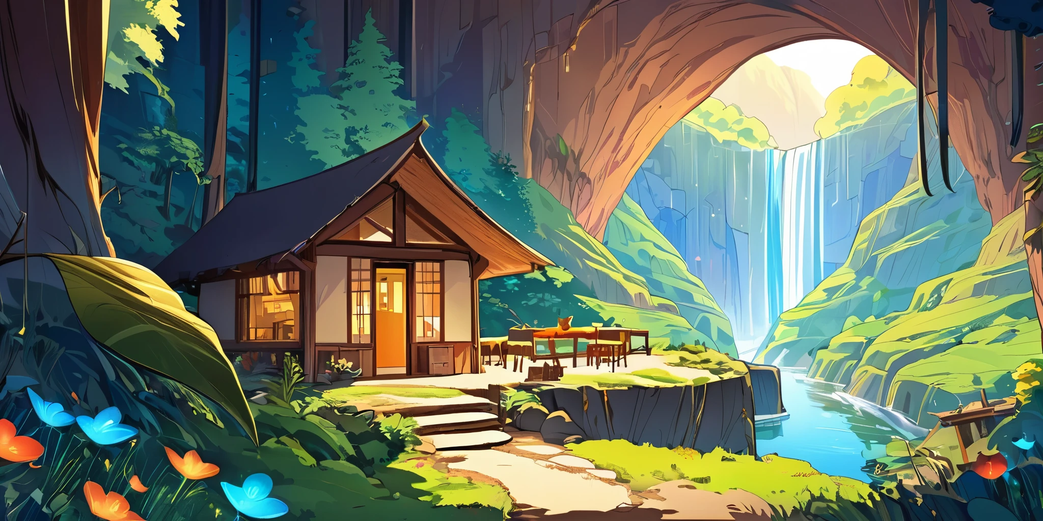 Draw a lofi anime poster, village, Shelter, canyon, décoration de fée, cascade, lumière, forêt, belle palette de couleurs verre marron, couleurs saturées vibrantes, œuvre d'art, Aucun humain, le jours, thème anime