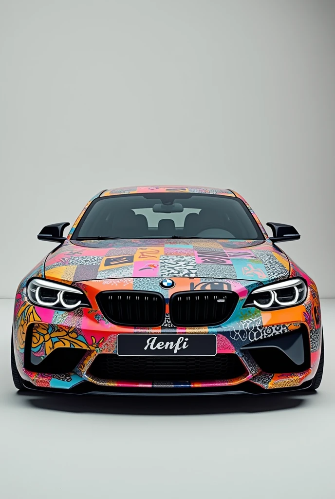 Create a BMW 1 in cool, colorful, very many patterns with black paint, The license plate says "Henfri"