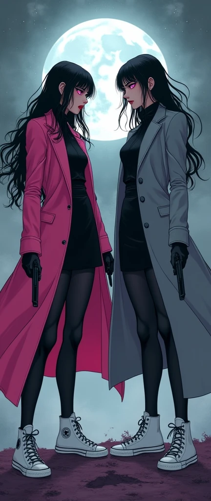 (Two young womens, long black hairs, yuri, Vampire Hunters

The first young women black eyes wear a pink long coat, black shirt, black pencil skirt, black underpants, black tights, black gloves, white sneakers high top.

The second young women black eyes wore a grey long coat, black shirt, black pencil skirt, black underpants, black tights, black gloves, white sneakers high top.

holding a pistol handguns, running, black grey sky, fantastic night sky, moon, cartoon novel, 4K, HD