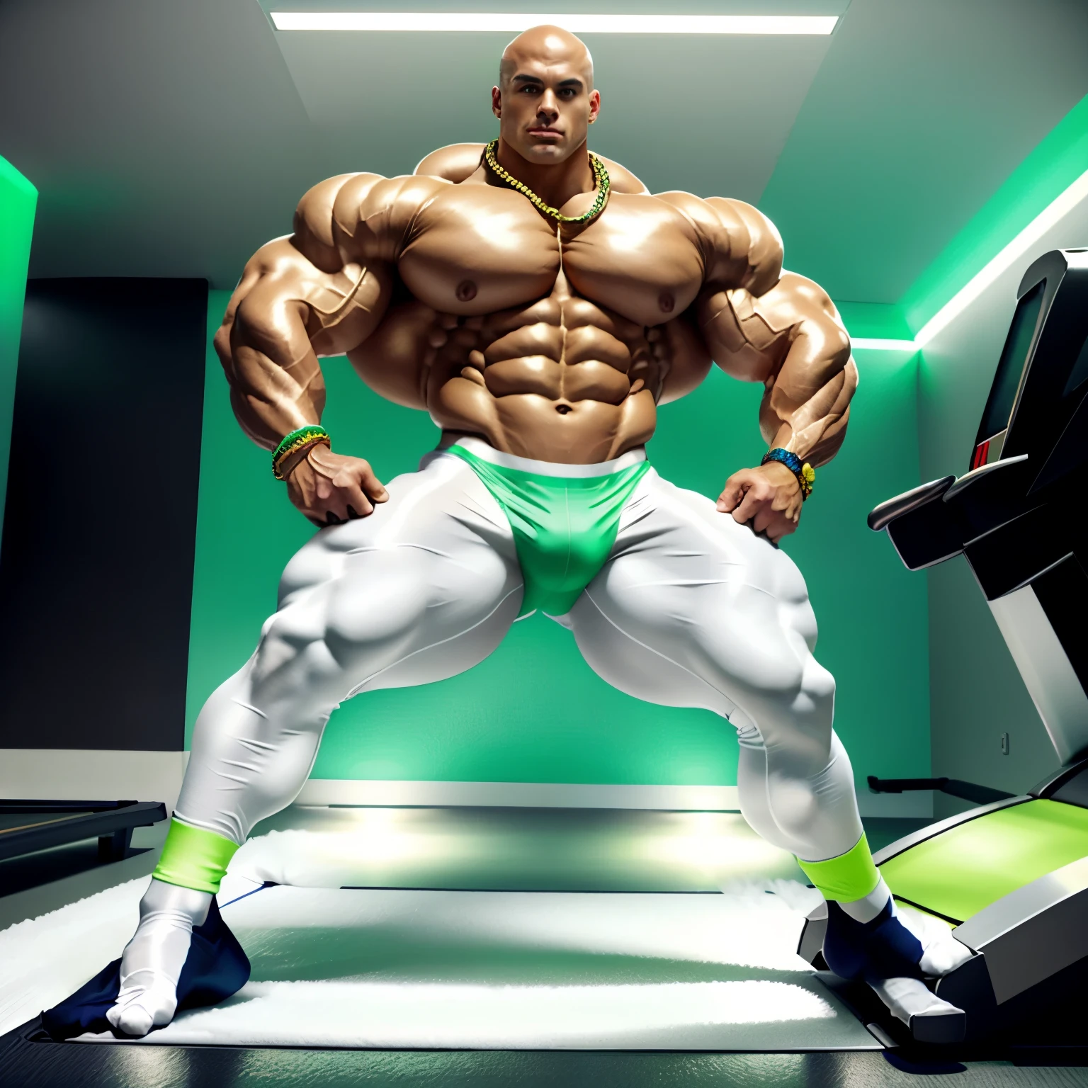 full view, full body, one Sexy young artificially tanned white bald over-musuclar man, shirtless wearing neon-green compression leggings and white futuristic professional thin socks, no shoes, wering gold chains, bracelets, rings, running in his white professional thin nylon socks on treadmill in gym, showing off his white socks