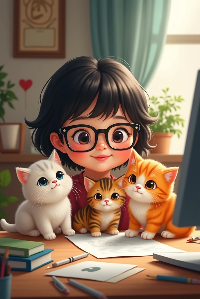 a girl, chubby, with short dark hair. with white skin and who wears glasses and works as a Graphic Designer and with his three kittens nearby, one white, one orange and another striped
