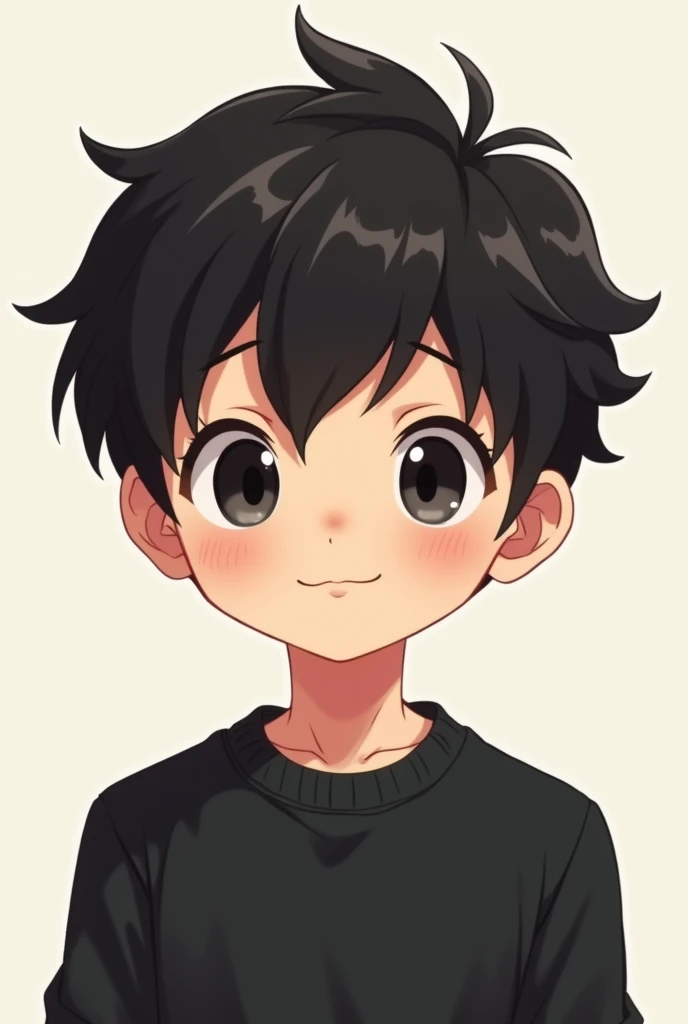 Cute male anime cartoon character with black sweater, black hair, black eyes, open eyes, and an open mouth.
