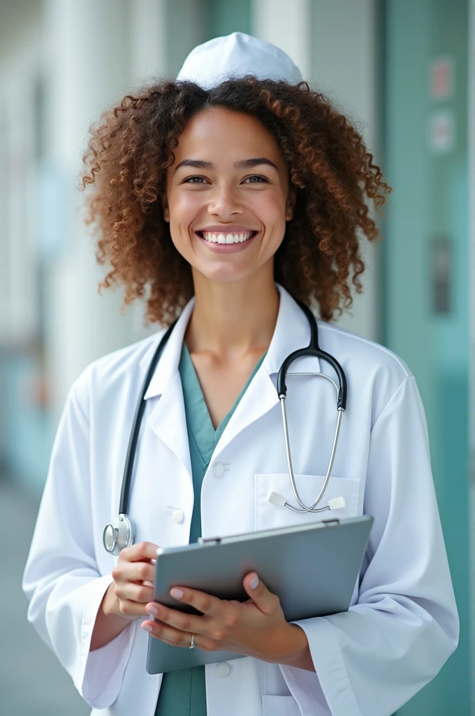 White nurse with curly hair in a white lab coat holding a clipboard smiling with a hat