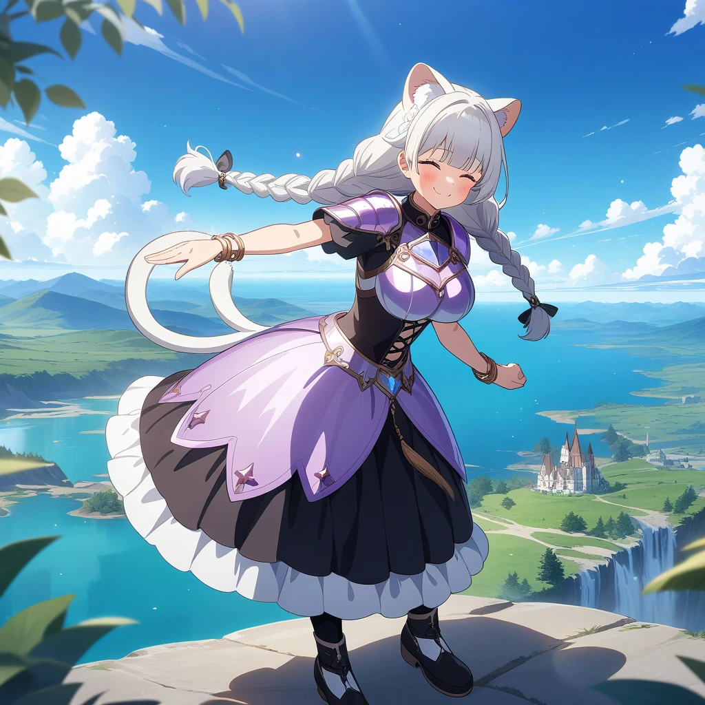 black high boots, tny-atla, closed eyes,tail, bracelets, full body, solo, ((masterpiece)), (best quality), (ultra-detailed), anime style, (best illustration), ((an extremely delicate and beautiful)), 1girl, solo, long hair, white tiger ears, [:white tiger tail under:0.2], white hair, two-tone hair, white armor, (lilac crystal armor:1), multicolored armor, cross-laced, standing, closed eyes, smile, black skirt, short sleeves, detailed scenery, blue sky, horizon, low twin braids, twin braids, hair ornament, bracelet, (holding hammer:0.9), blush, Cute, anime, tail swaying, little Princess, Straight bangs of hair, twin braids on shoulders, huge breasts, cover for fanfiction.