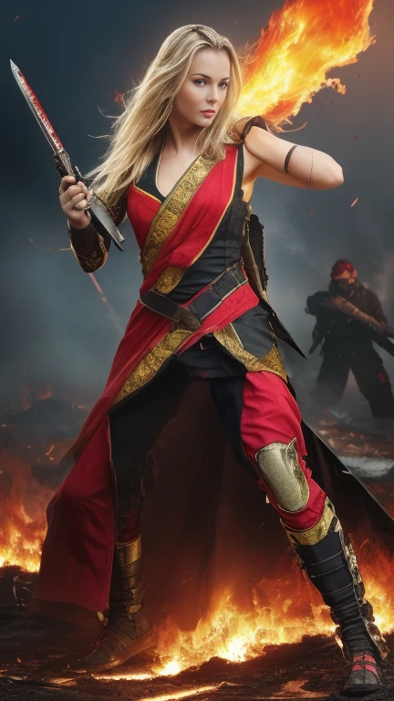 (masterpiece:1.5), (bestquality), (highlydetailed), (ultra-detailed), (1girl:1.2), (full body:1.2), (young girl), (blonde hair), (weapon in hand), (war battle scene), (bloody atmosphere), (smoke), (fire), (corpses), (chaotic background), (explosions), (torn clothing), (determined expression), (sweat and dirt), (injured), (dynamic pose), (broken armor), (burnt landscape), (fighting stance), (smoldering debris), (flames:1.3), (battle cries), (sounds of war:1.1)